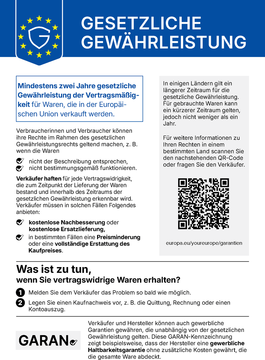 EU-Hinweis: In der Europäischen Union gilt eine gesetzliche Mindestgewährleistung von 2 Jahren für den Kauf neuer Waren.