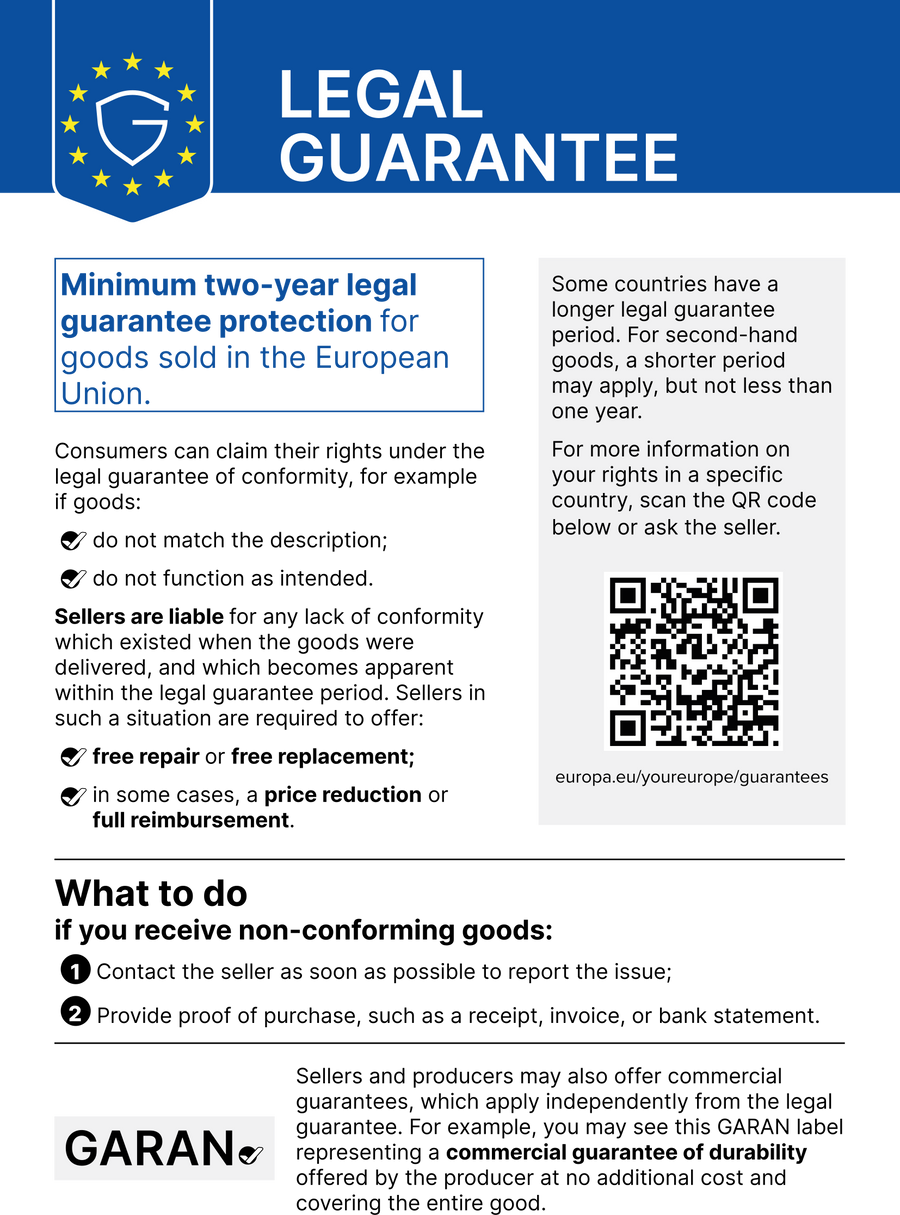 EU notice: in the European Union, a minimum legal guarantee of 2 years applies to the purchase of new goods.