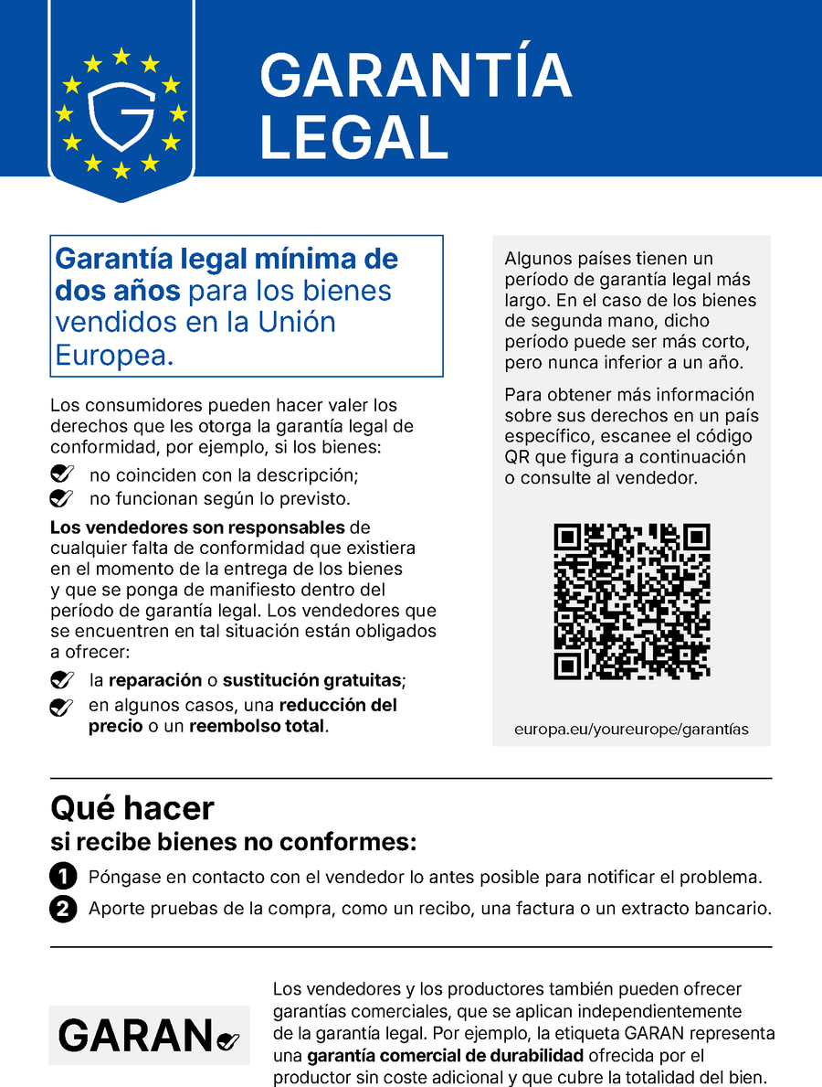 EU notice: in the European Union, a minimum legal guarantee of 2 years applies to the purchase of new goods.