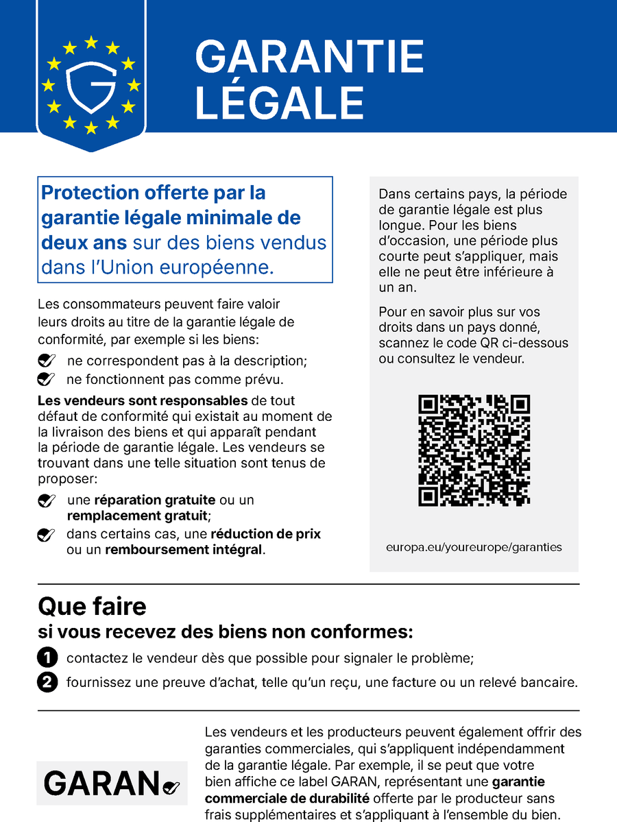 EU notice: in the European Union, a minimum legal guarantee of 2 years applies to the purchase of new goods.