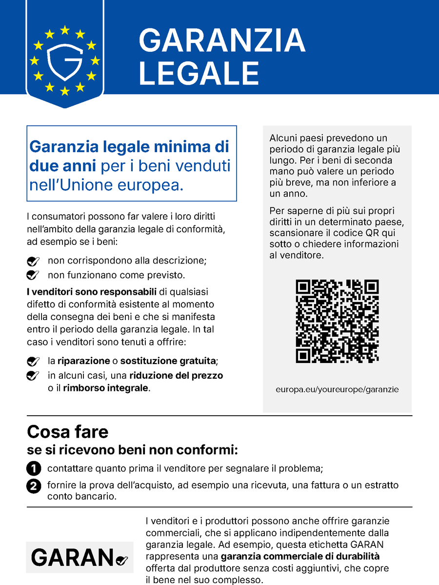 EU notice: in the European Union, a minimum legal guarantee of 2 years applies to the purchase of new goods.