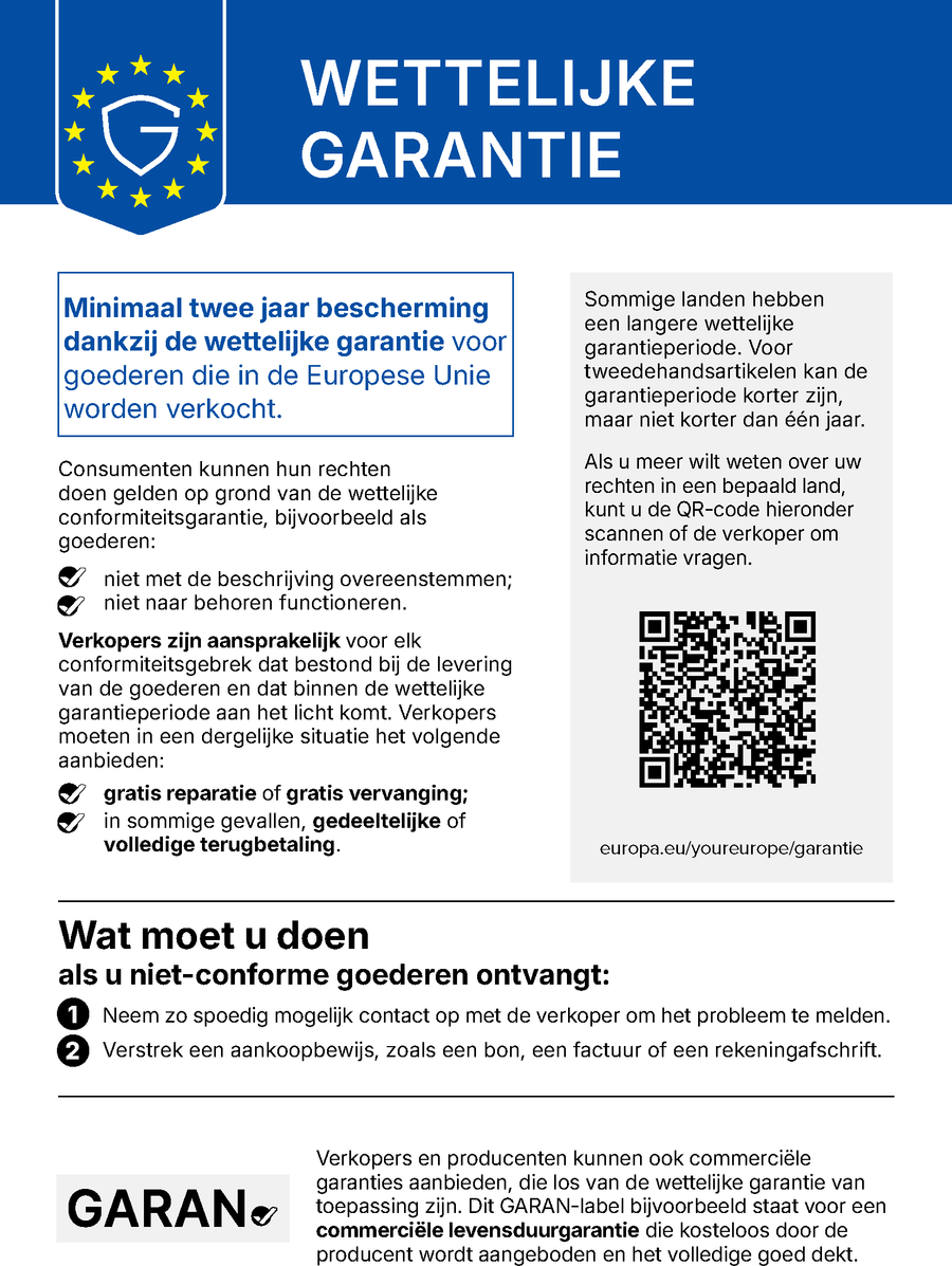 EU notice: in the European Union, a minimum legal guarantee of 2 years applies to the purchase of new goods.