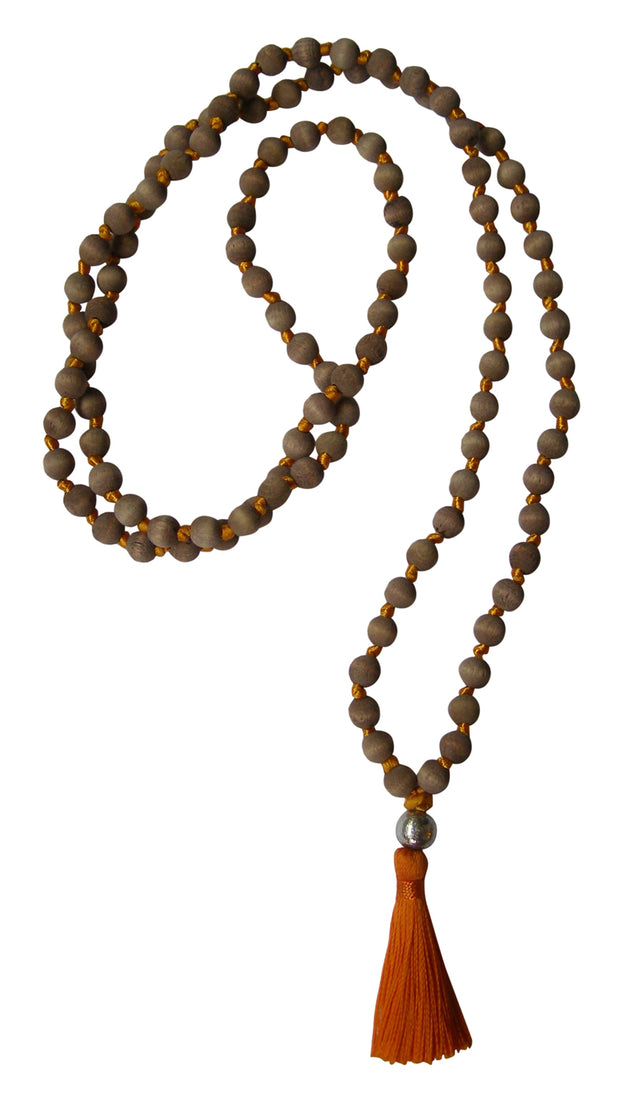 Mala-Kette "Vintage" - Holz Braun, Quaste Orange, Perle Silber