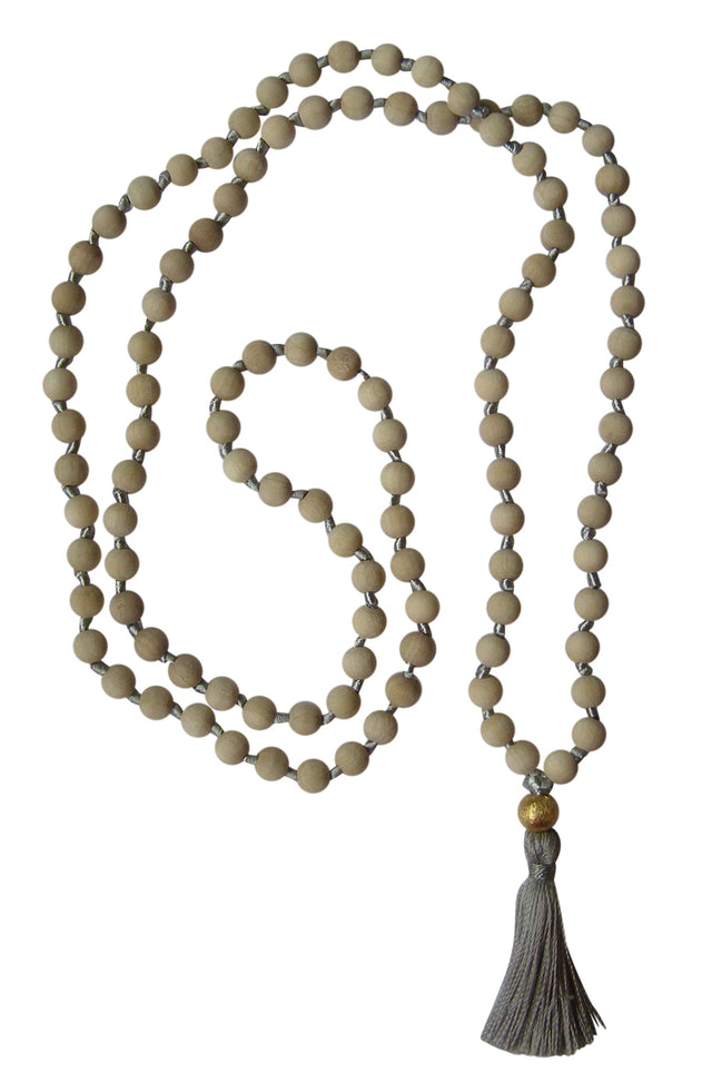 Mala-Kette "Vintage" - Holz Hellbraun, Quaste Silbergrau, Perle Gold