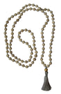 Mala-Kette "Vintage" - Holz Hellbraun, Quaste Silbergrau, Perle Gold